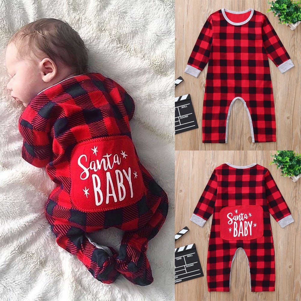 Infant Baby Boys Girls Christmas Santa XMAS Letter Plaid Romper Jumpsuit Outfits baby clothes winter clothes