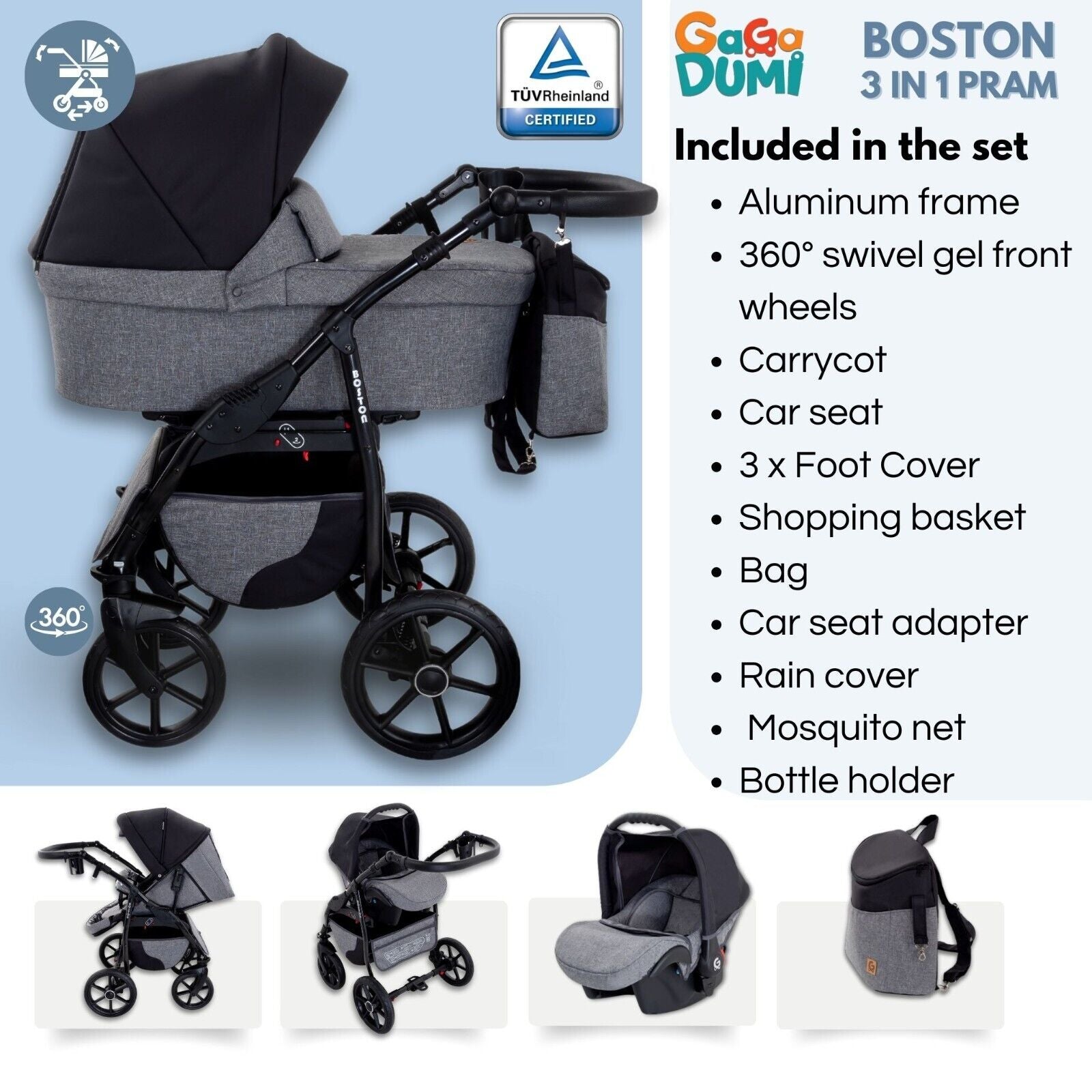 Gagadumi Boston 3-In-1 Pram Travel System - Lightweight Foldable Baby Pushchair