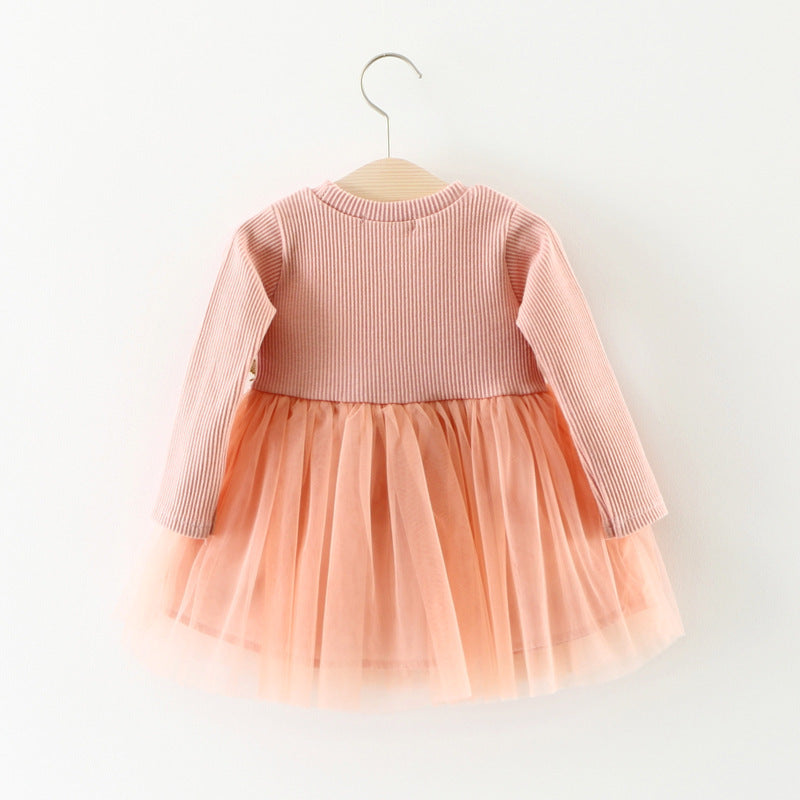 Children waist flowers long sleeved dress princess dress baby skirt