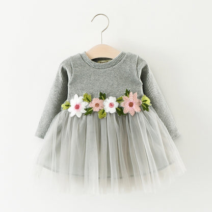 Children waist flowers long sleeved dress princess dress baby skirt