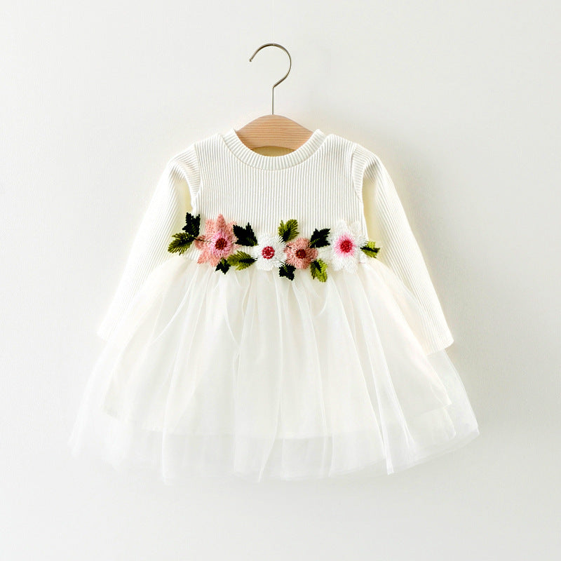 Children waist flowers long sleeved dress princess dress baby skirt