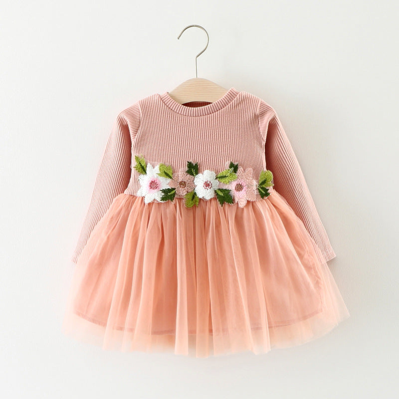 Children waist flowers long sleeved dress princess dress baby skirt